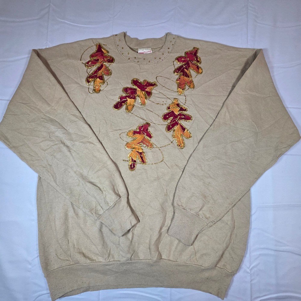 Vintage Hanes ComfortBlend Tan Fall Leaves Glitter Studded Sweatshirt Large